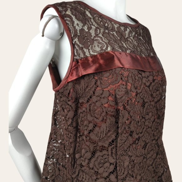 Vintage 1960s Brown Lace Cocktail Dress MOD MCM Tent Flare Satin Bow Lined M - Picture 8 of 12